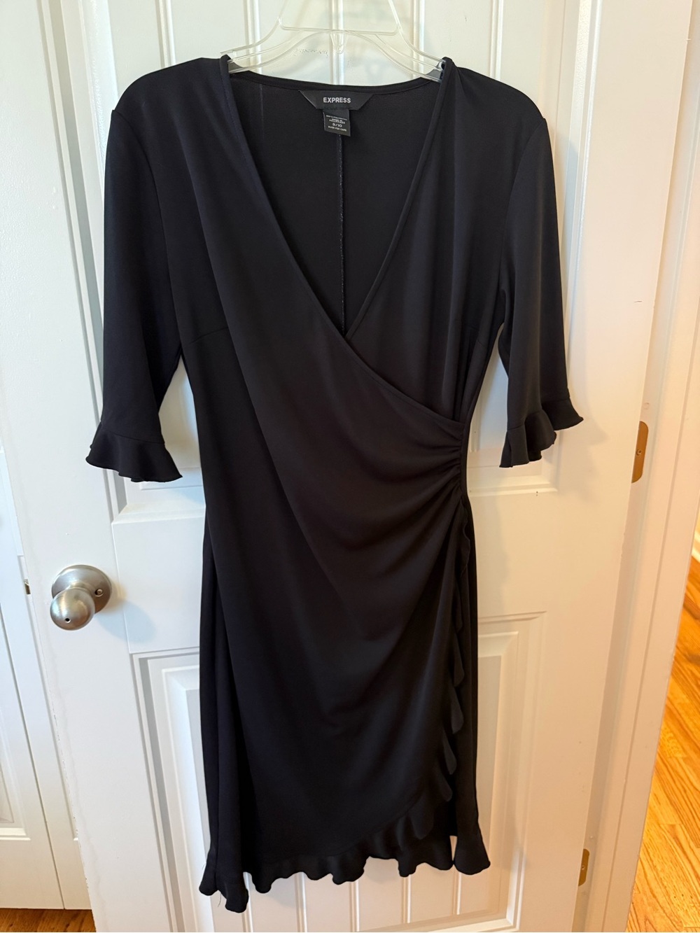 Express Black Faux-Wrap Midi Dress with Ruffle Hem